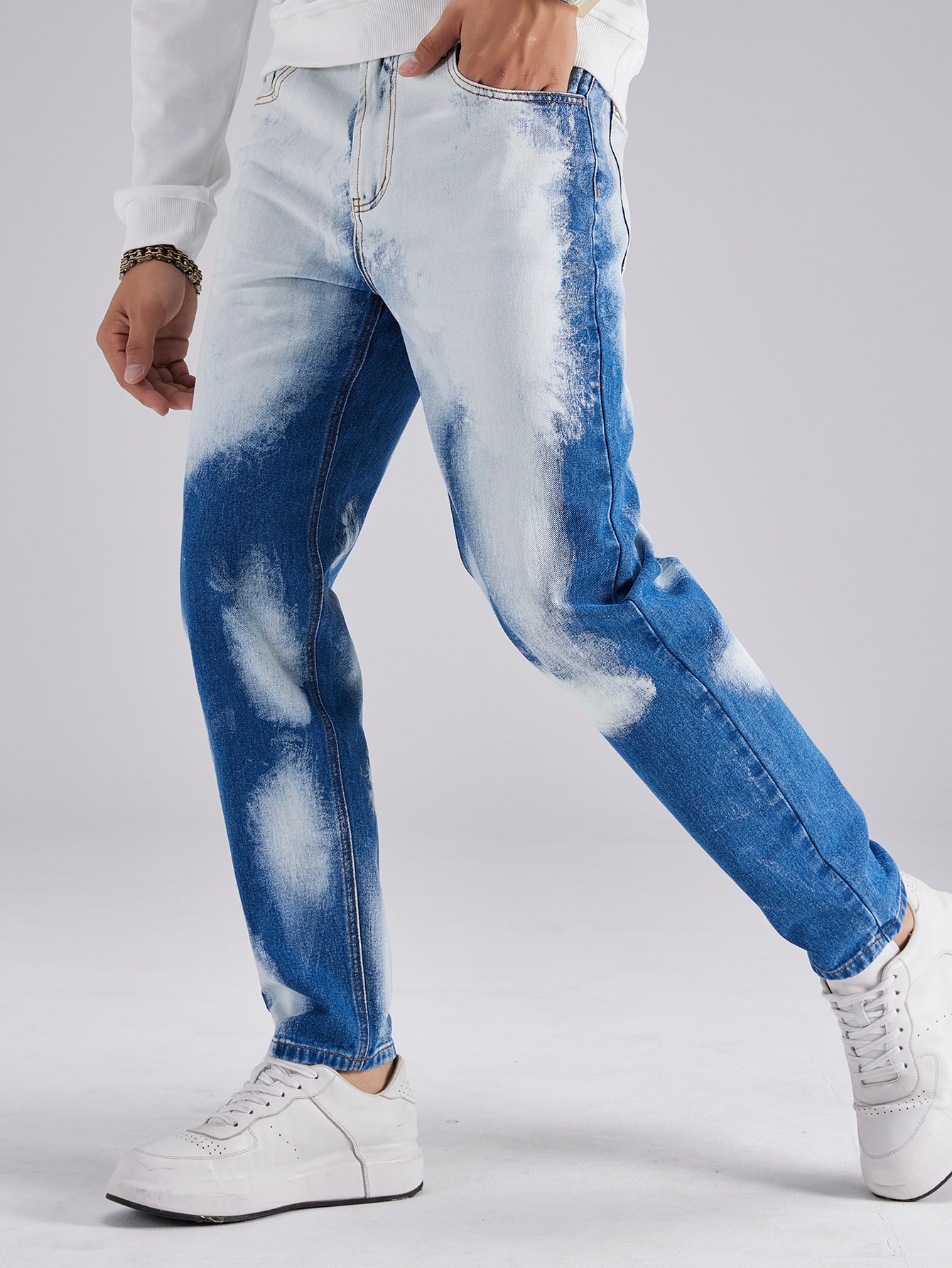 Blue White Straight Leg High Waist Tie Dye Jeans