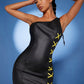Black One Shoulder Criss Cross Front PU Leather Slim Fit Dress