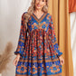 V-Neck Floral Print Lantern Sleeve Short Dress