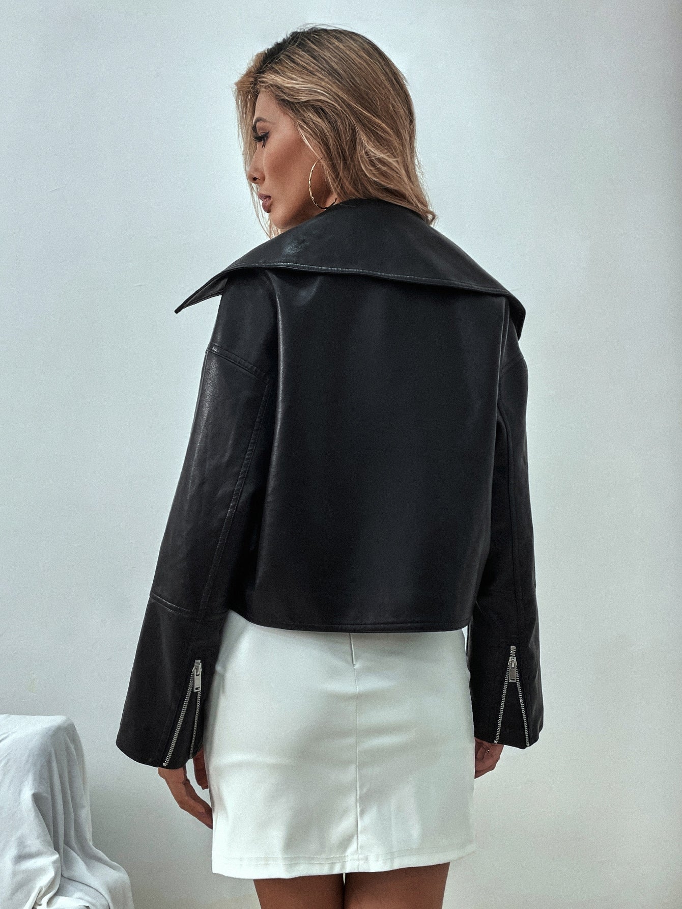 Black Flap Detail Drop Shoulder Buckled Belted PU Leather Jacket