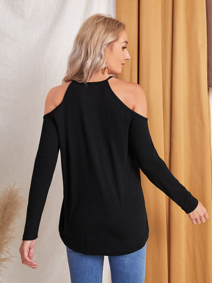 Black Cold Shoulder Contrast Guipure Lace Tee Top