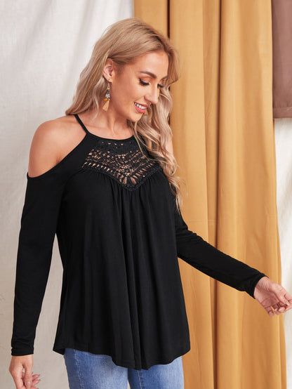 Black Cold Shoulder Contrast Guipure Lace Tee Top