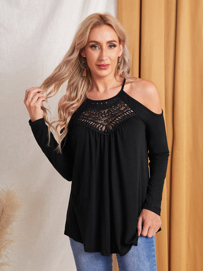 Black Cold Shoulder Contrast Guipure Lace Tee Top