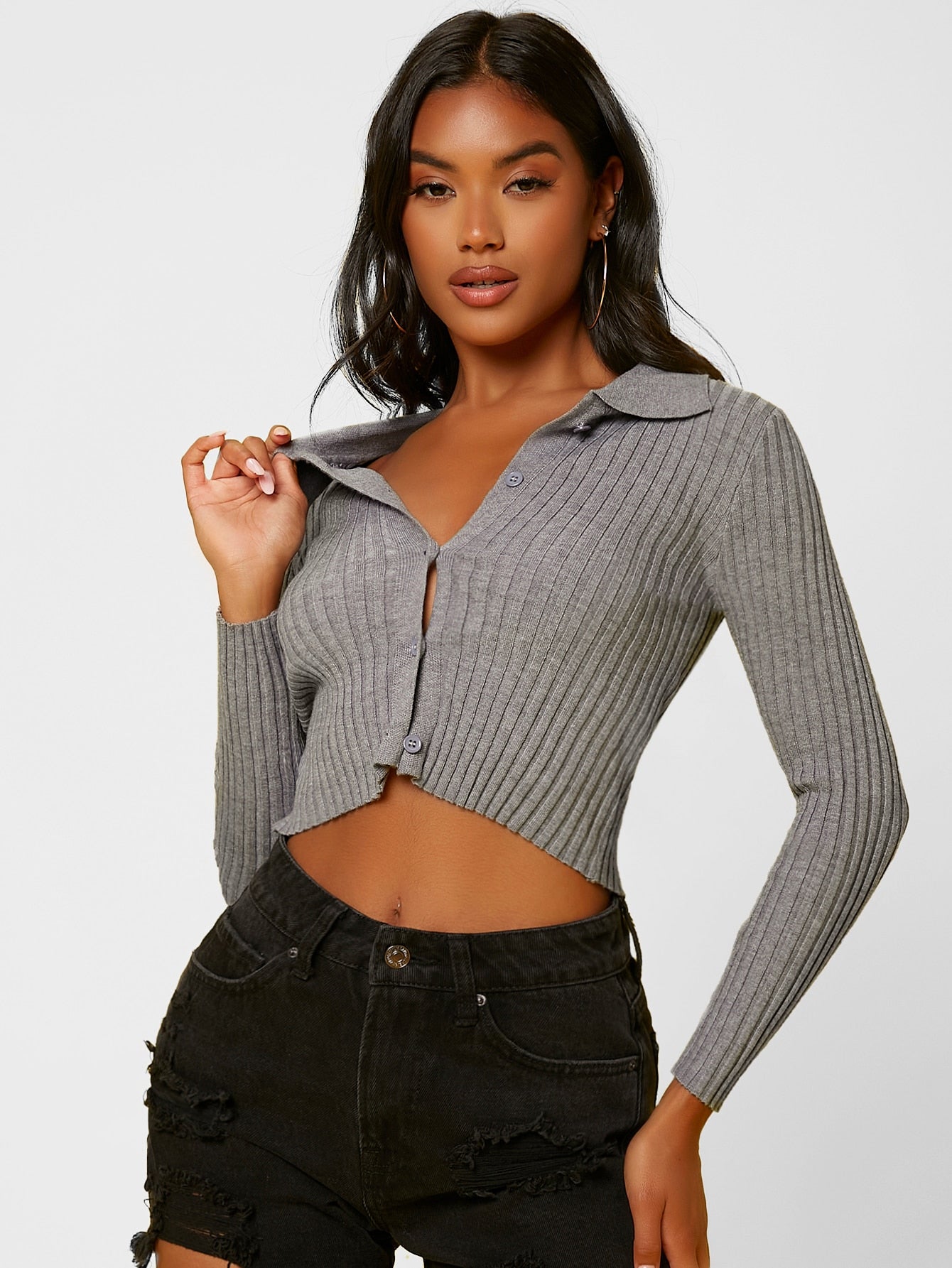 Grey Solid Collared Button Up Crop Cardigan Top