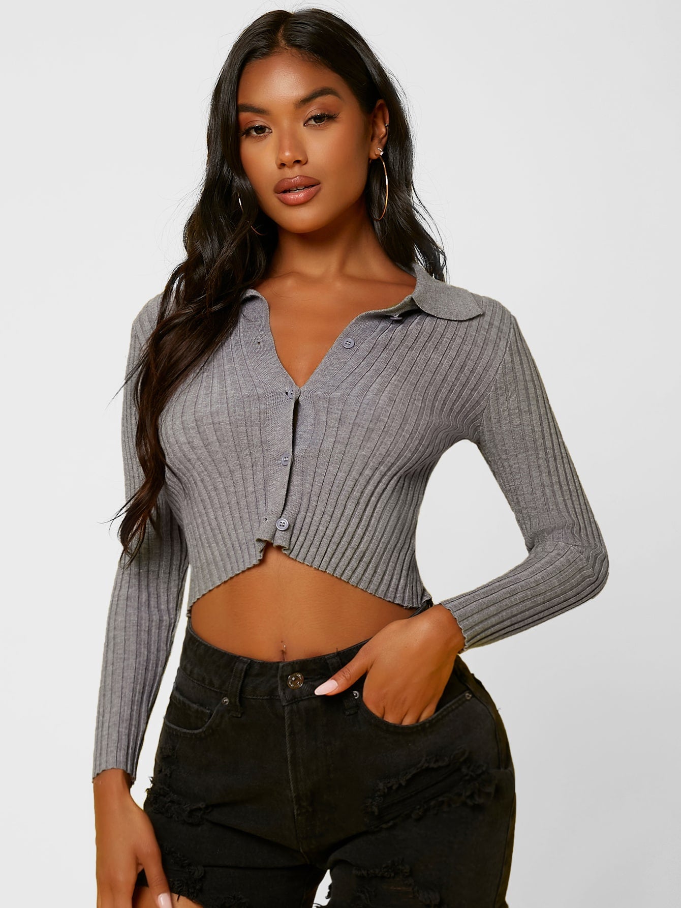 Grey Solid Collared Button Up Crop Cardigan Top