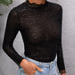 Black Stand Collar Solid Semi Sheer Sequin Top