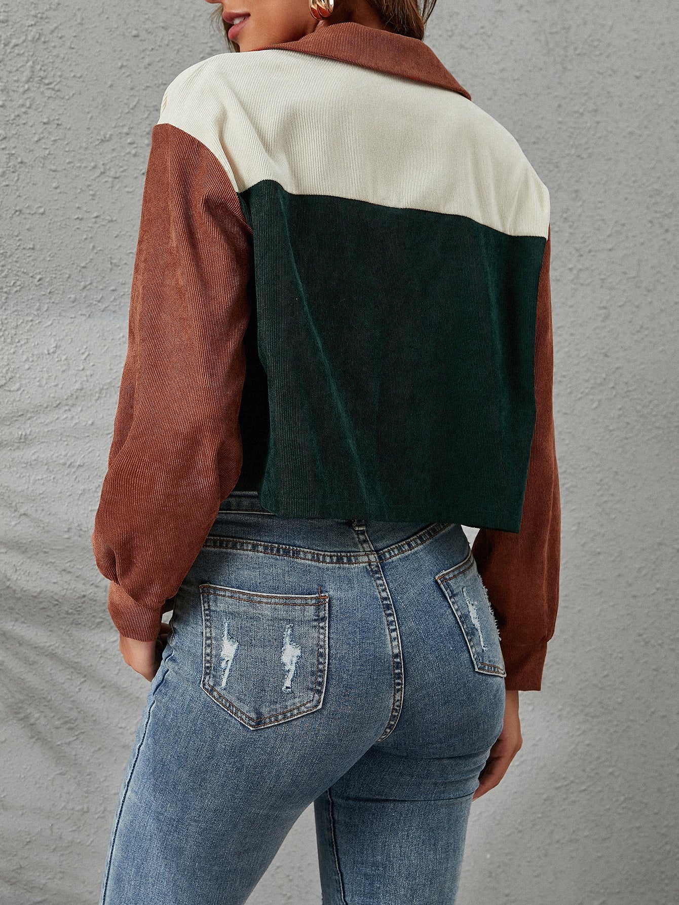 Single Breasted Color Block Button Front Corduroy Jacket