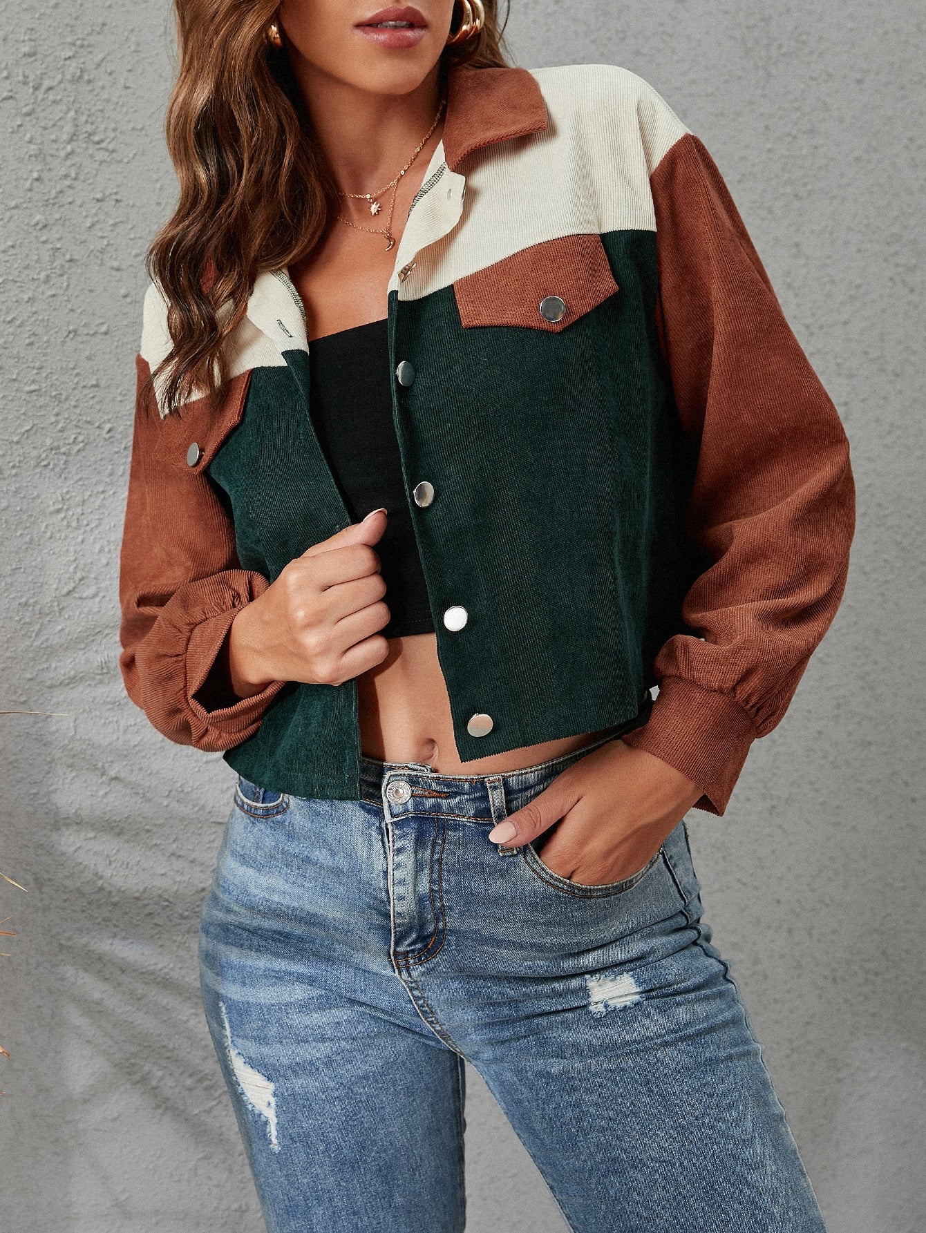 Single Breasted Color Block Button Front Corduroy Jacket