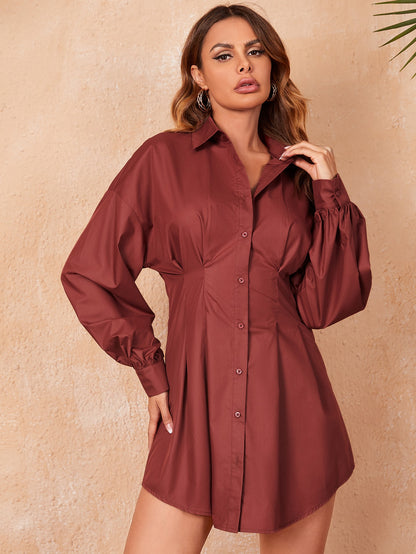 Drop Shoulder Fold Pleated High Waist Solid Shirt Dress