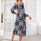 Black White Scoop Neck Floral and Paisley Scarf Print Tie Neck Split Thigh Dress