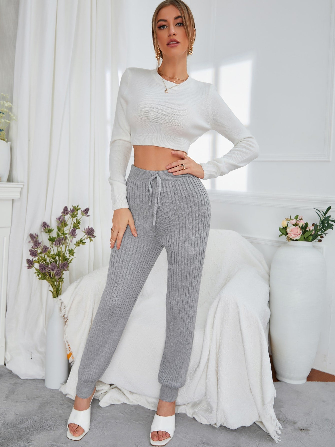 Grey Knot Front Elastic Waist Solid Sweater Pants