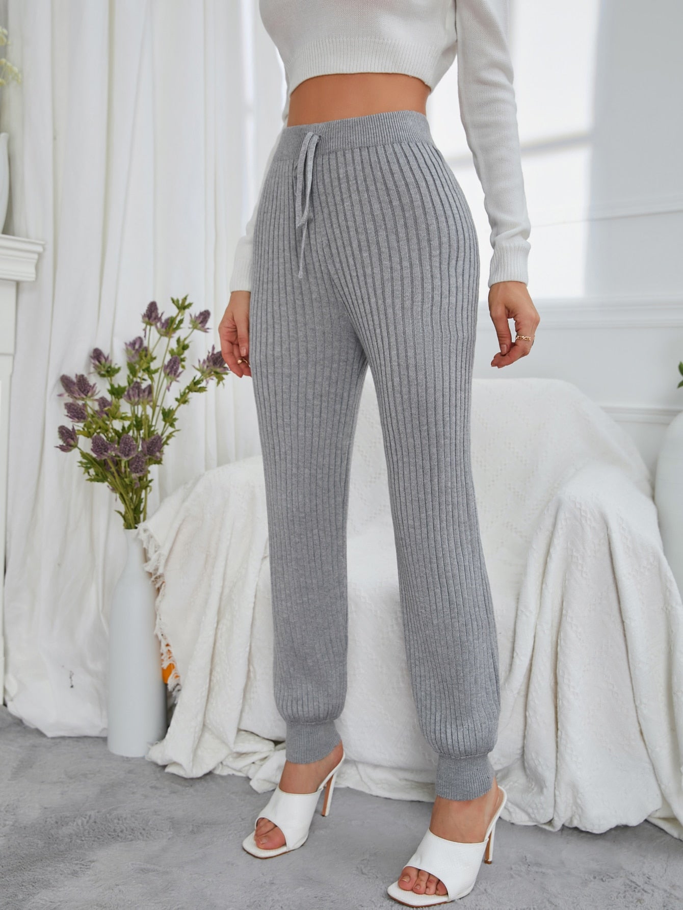 Grey Knot Front Elastic Waist Solid Sweater Pants