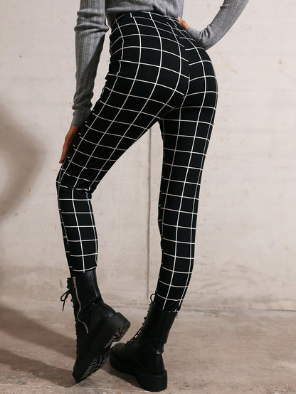 Black High Waist Grid Print Leggings