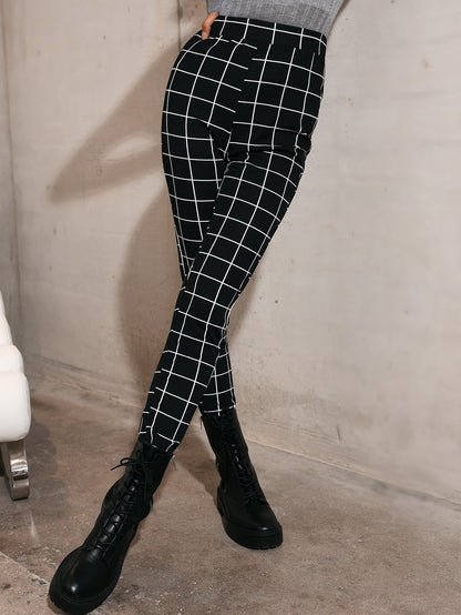 Black High Waist Grid Print Leggings