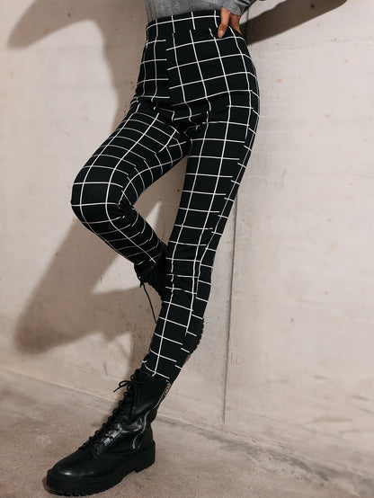 Black High Waist Grid Print Leggings