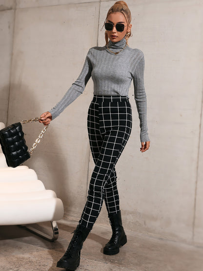 Black High Waist Grid Print Leggings