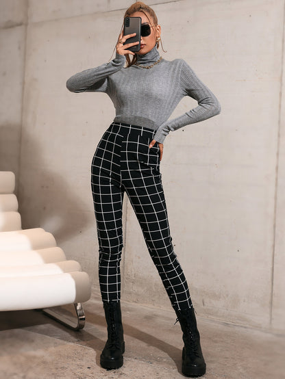 Black High Waist Grid Print Leggings