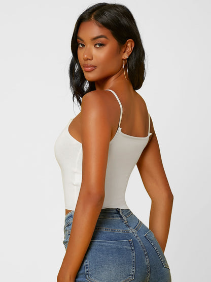 White Spaghetti Strap Sleeveless Solid Crop Cami Rib-Knit Top