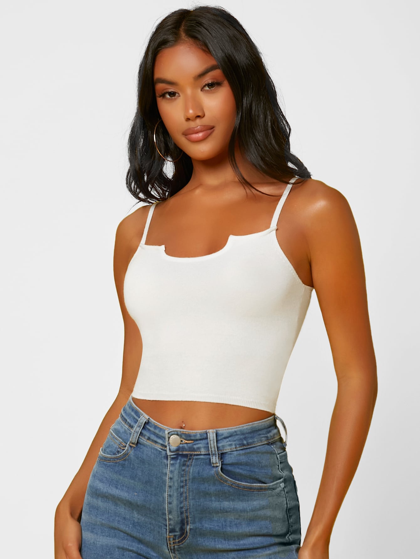 White Spaghetti Strap Sleeveless Solid Crop Cami Rib-Knit Top