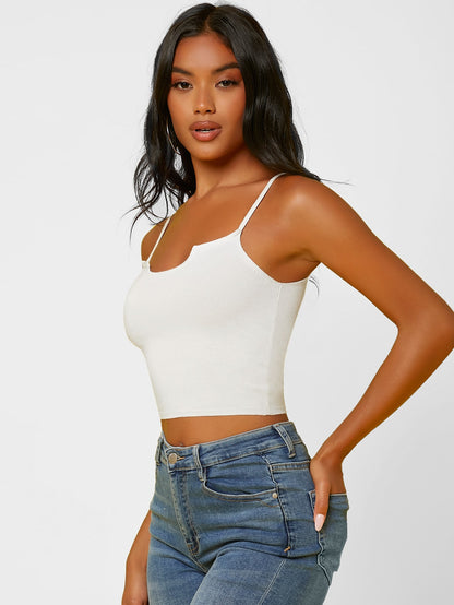 White Spaghetti Strap Sleeveless Solid Crop Cami Rib-Knit Top