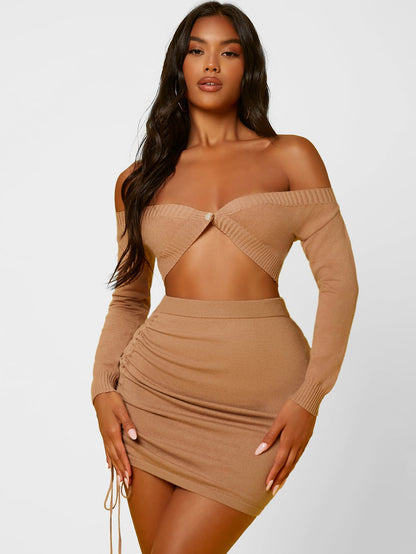 Ruched Drawstring High Waist Sweater Skirt