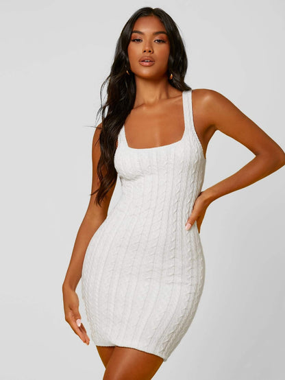 White Square Neck Cable Knit Sleeveless Slim Fit Sweater Dress