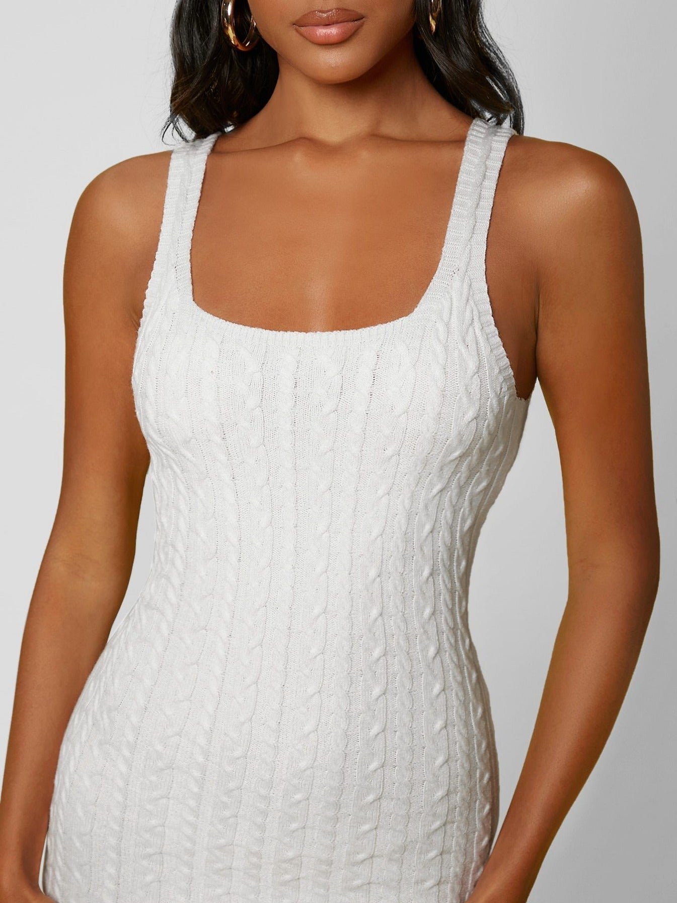 White Square Neck Cable Knit Sleeveless Slim Fit Sweater Dress