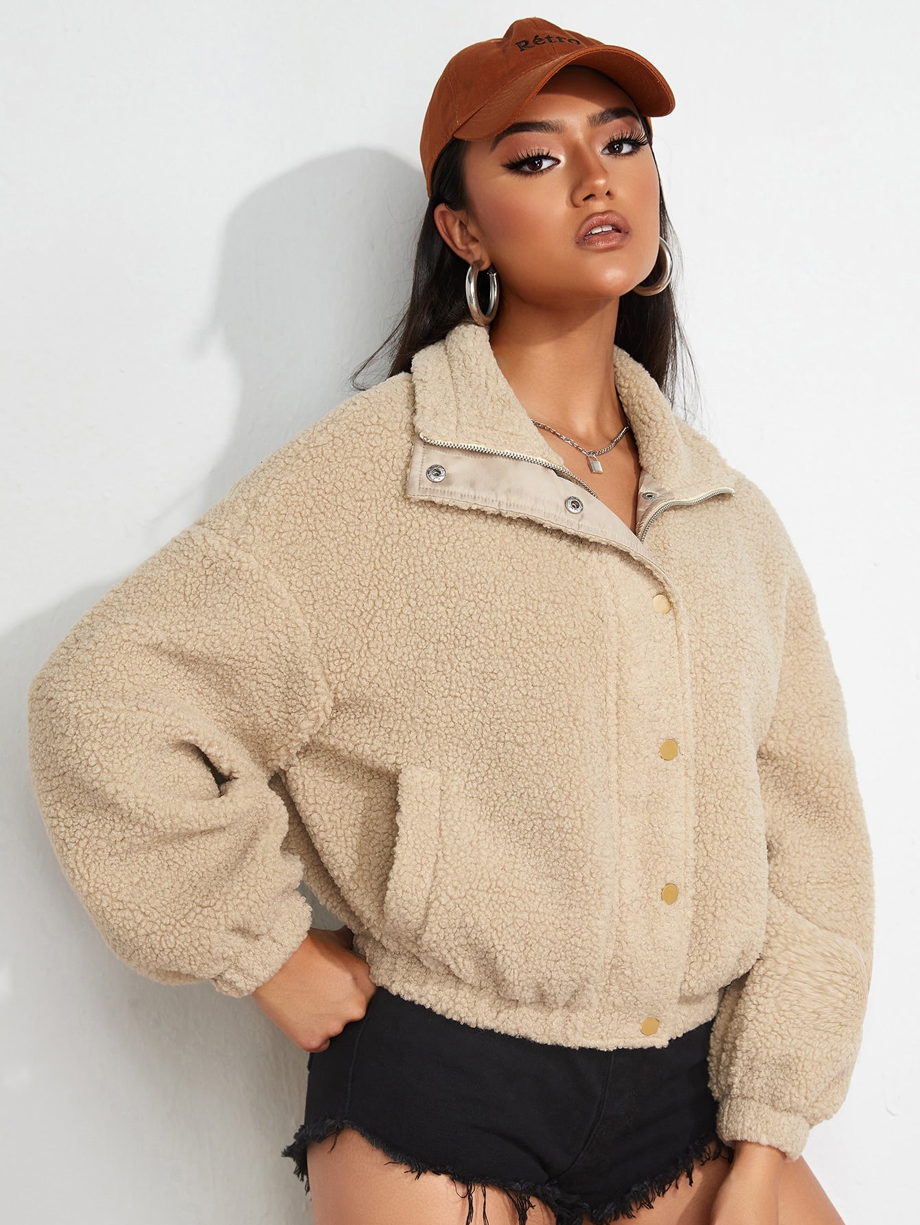 Drop Shoulder Zip Front Teddy Jacket