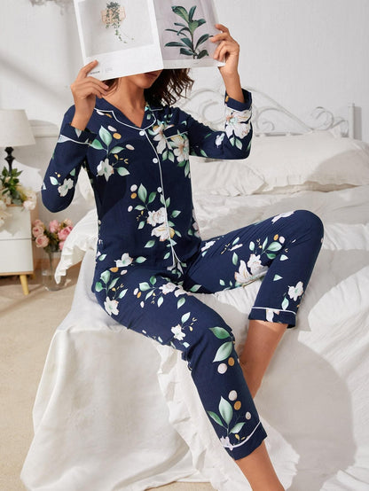Navy Blue Floral Print Contrast Binding Pajama Sleepwear Set