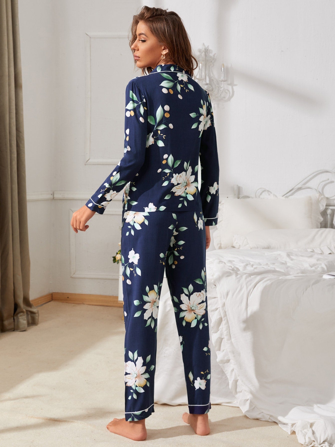 Navy Blue Floral Print Contrast Binding Pajama Sleepwear Set