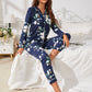 Navy Blue Floral Print Contrast Binding Pajama Sleepwear Set