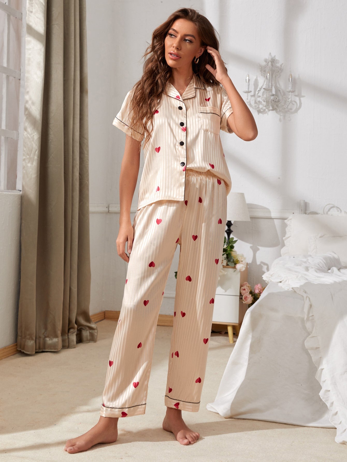 Button Front Heart and Striped Satin Night Pyjama Sleepwear Set