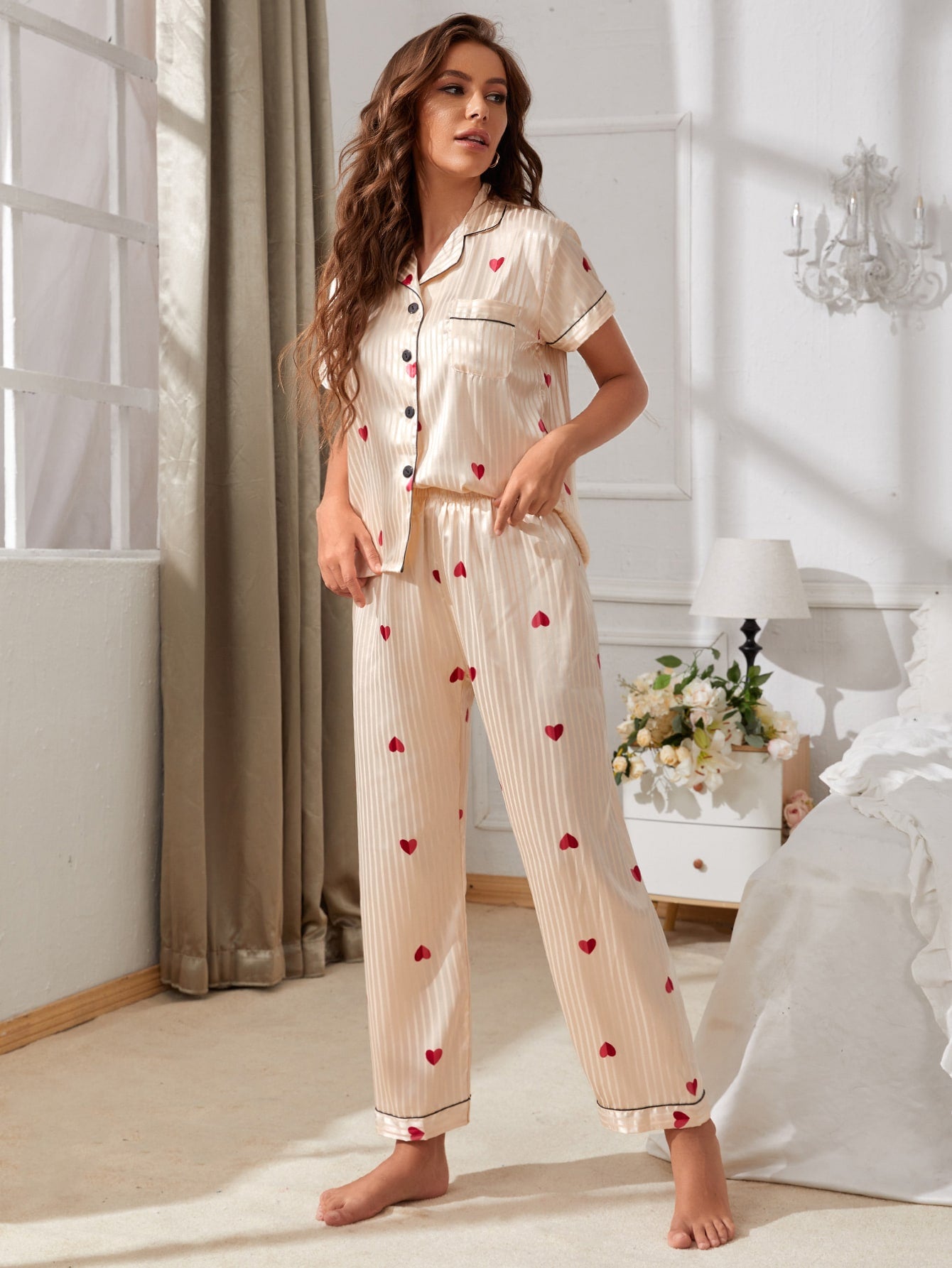 Button Front Heart and Striped Satin Night Pyjama Sleepwear Set