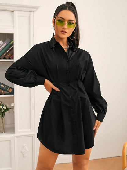 Drop Shoulder Fold Pleated High Waist Solid Shirt Dress