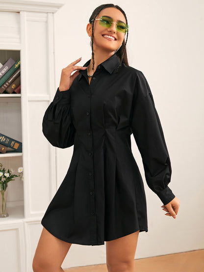 Drop Shoulder Fold Pleated High Waist Solid Shirt Dress