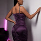 Purple Cut Out Sequin Trim Ruched Satin Slim Fit Dress