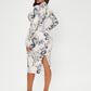 Mock Neck Chinese Dragon and Floral Print Stand Collar Split Hem Slim Fit Dress