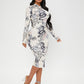 Mock Neck Chinese Dragon and Floral Print Stand Collar Split Hem Slim Fit Dress