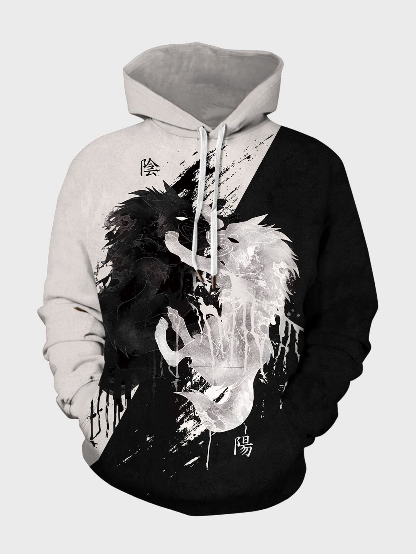 Black White Colourblock Animal And Letter Graphic Drawstring Hoodie