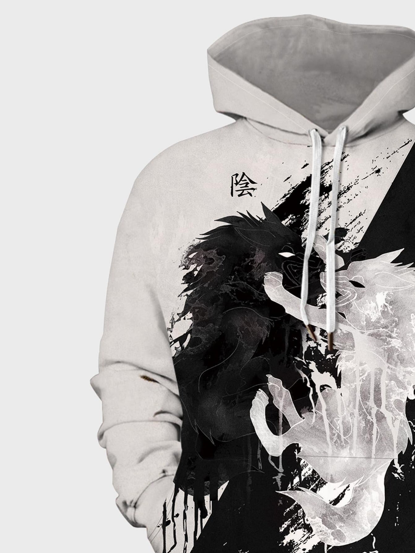 Black White Colourblock Animal And Letter Graphic Drawstring Hoodie