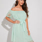 Green Flower Embroidered Off Shoulder Puff Sleeve Belted Dress