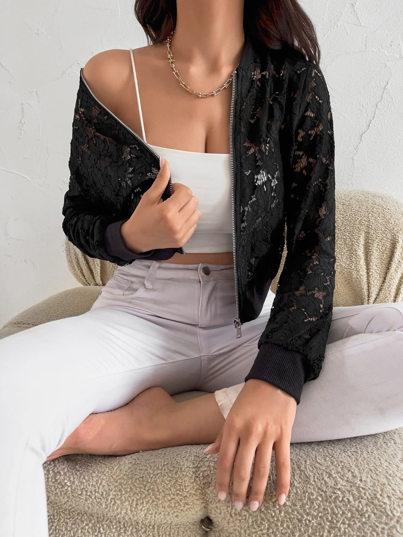 Black Boat Neck Lace Zip Up Bomber Jacket