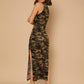 Army Green Camo And Letter Graphic Slit Thigh Mock Neck Dress