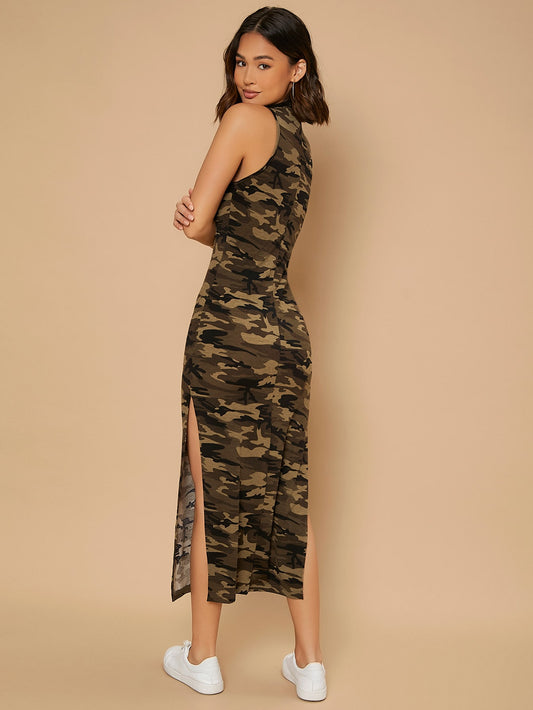 Army Green Camo And Letter Graphic Slit Thigh Mock Neck Dress
