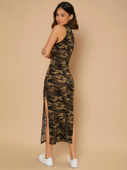 Army Green Camo And Letter Graphic Slit Thigh Mock Neck Dress