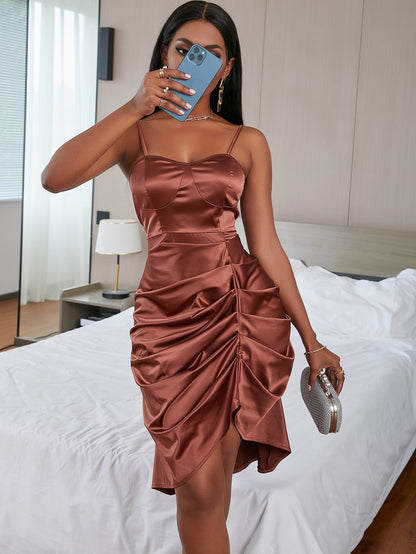 Burgundy Sleeveless Satin Ruched Bustier Cami Slim Fit Dress