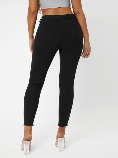 Black Drop Waist Ripped Raw Hem Skinny Jeans