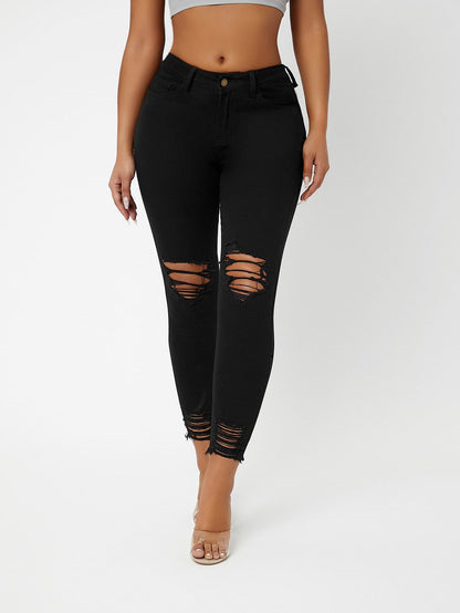 Black Drop Waist Ripped Raw Hem Skinny Jeans