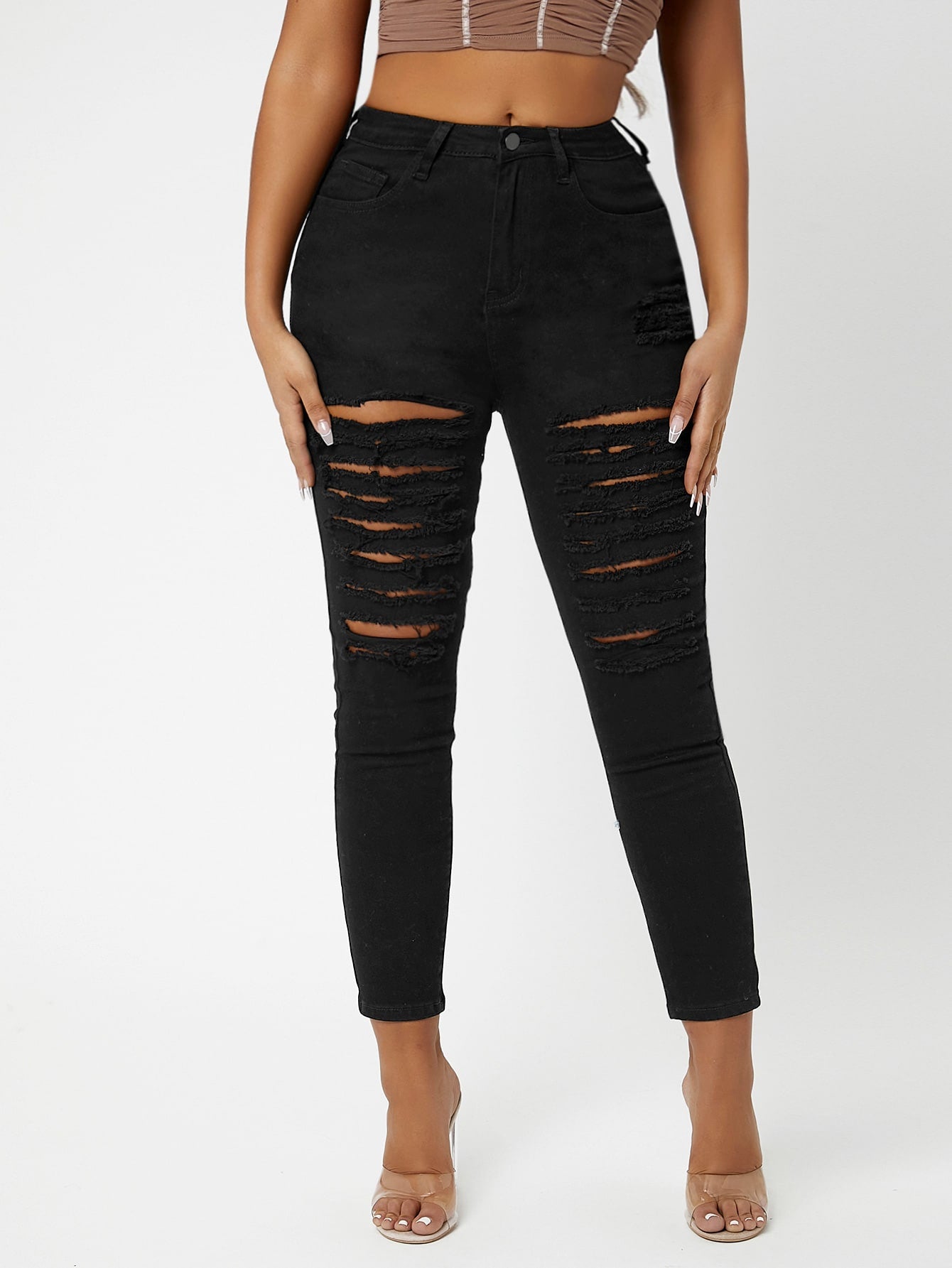 Black Zipper Fly Ripped Cropped Skinny Jeans