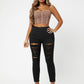 Black Zipper Fly Ripped Cropped Skinny Jeans